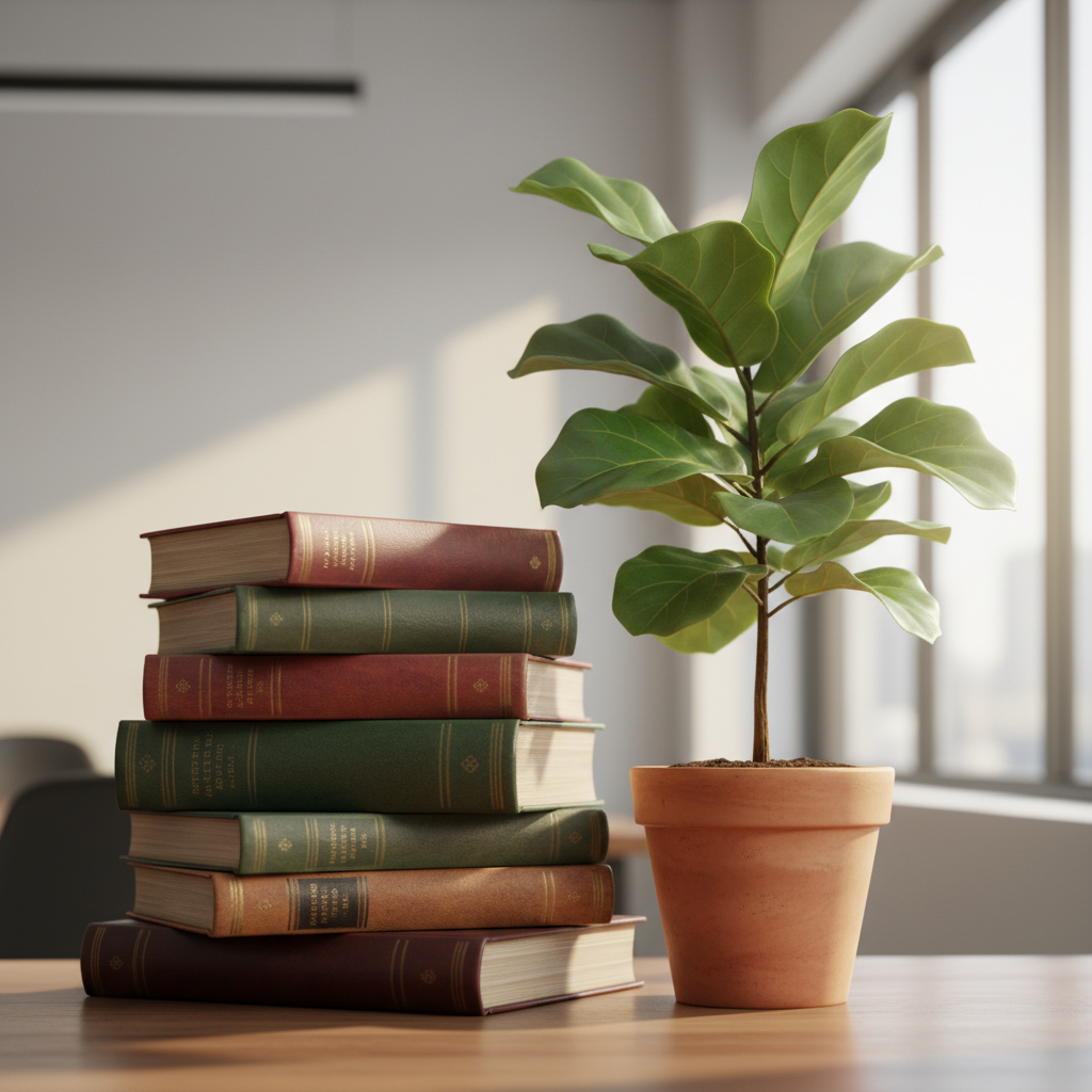 A stack of classic books next to a potted plant, symbolizing institutional knowledge and growth.