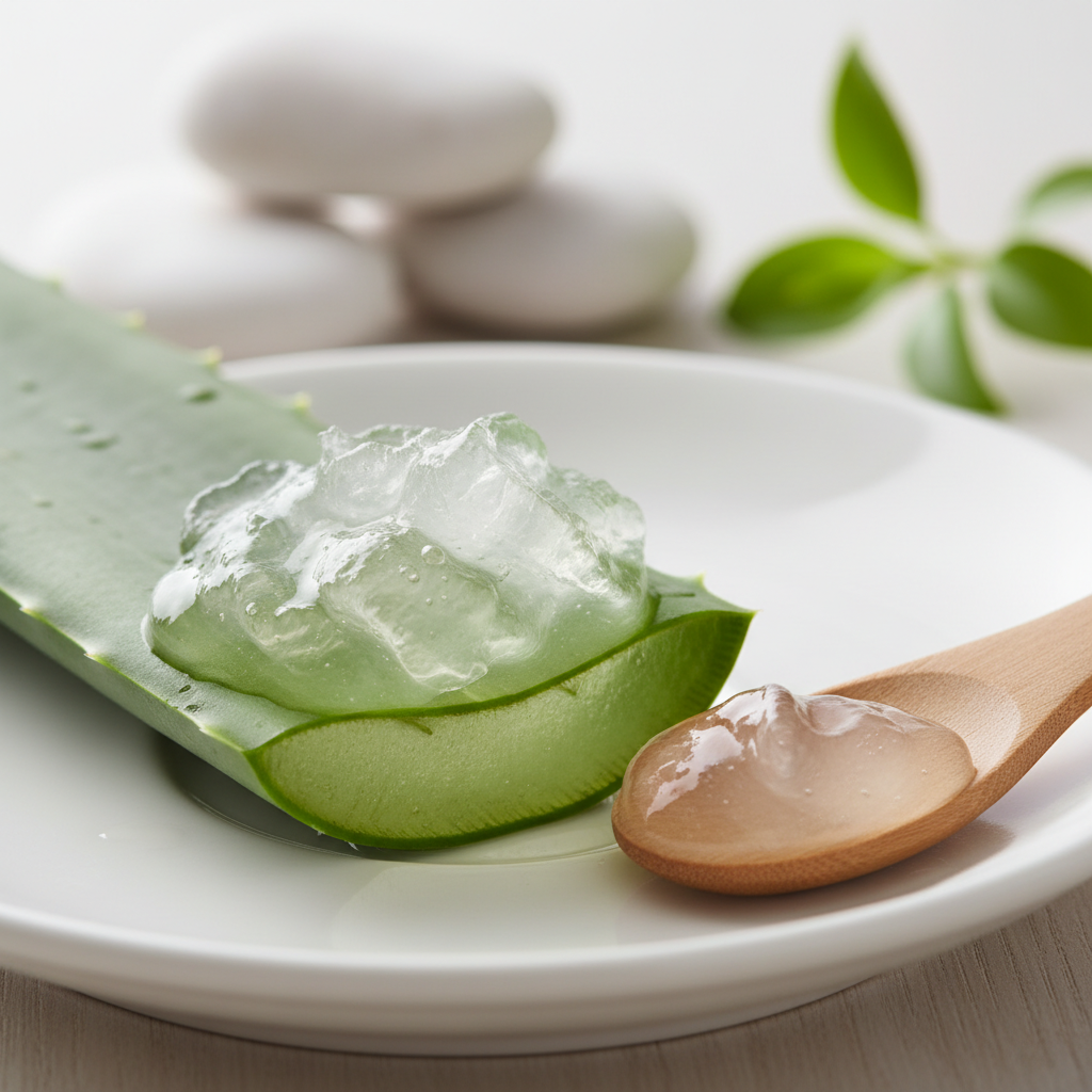 Freshly cut aloe vera leaf displaying its soothing gel, emphasizing natural skin care.