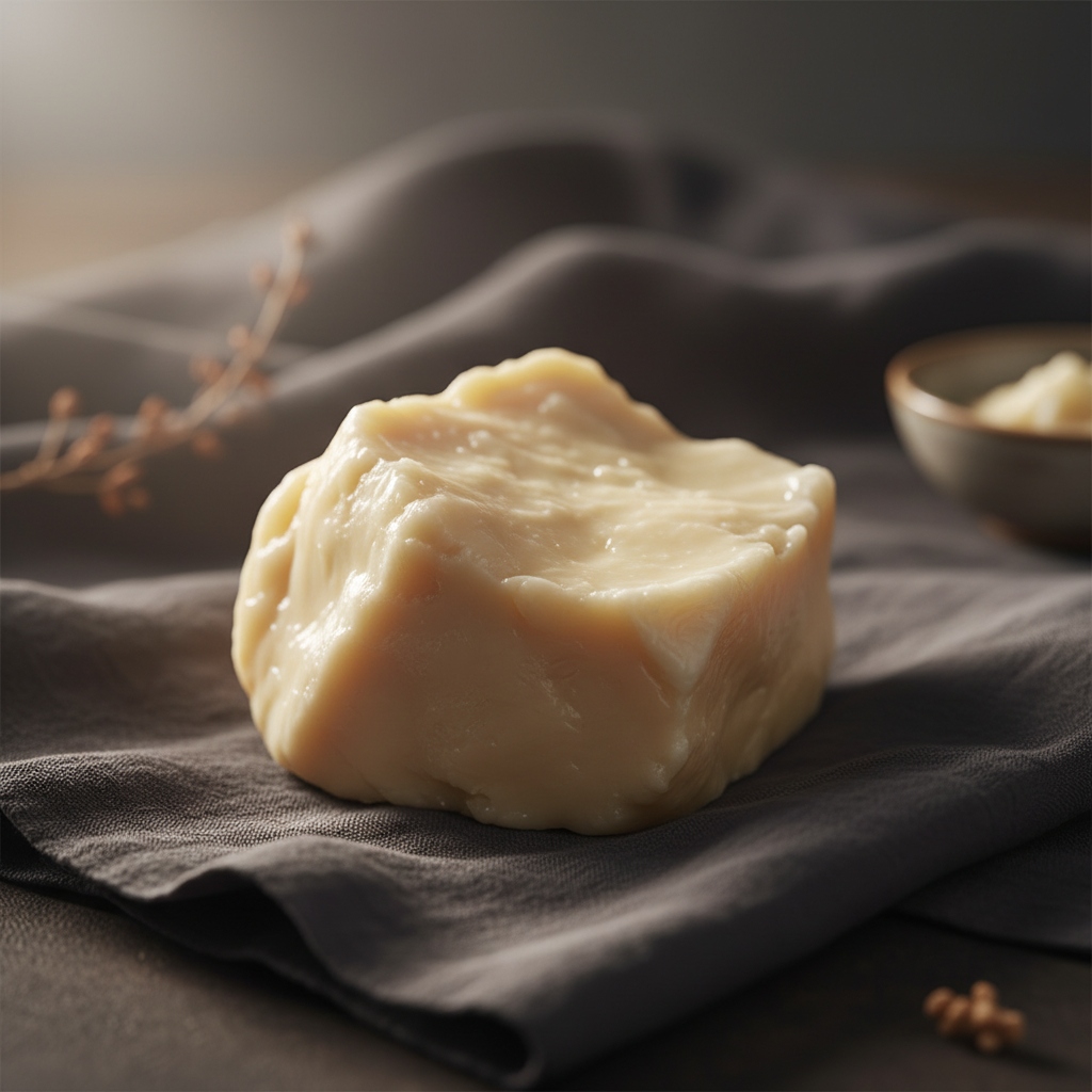 A piece of natural shea butter on a dark fabric, highlighting its rich, nourishing properties for skin.